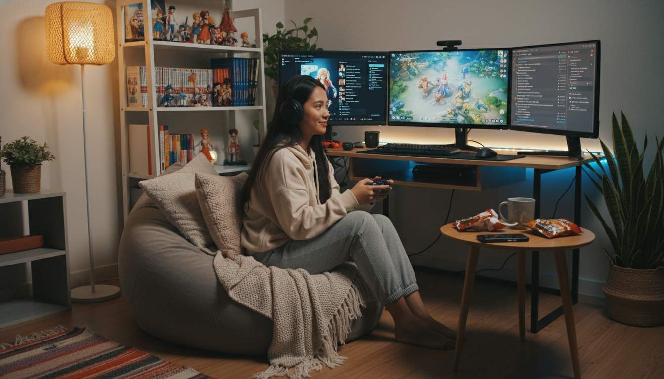 A woman enjoying online gaming in a casual setting