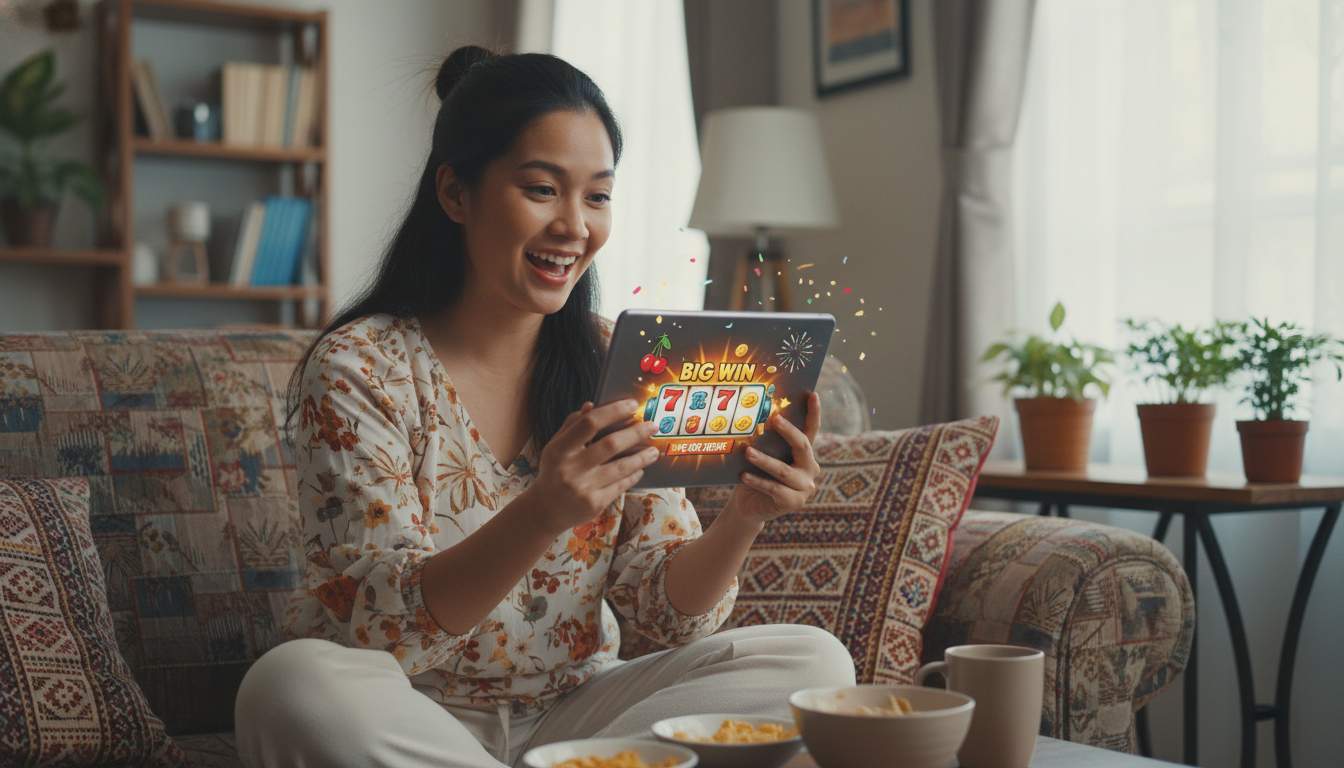 Slots Fun at SuperWin888 Filipino woman enjoying online slots